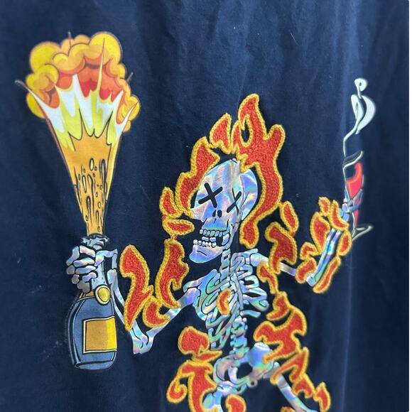 Y2K Grunge Skeleton Fire Tee Fifth Loop Graphic Shirt Navy‎ Medium - Picture 2 of 7